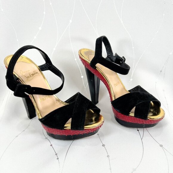 Christian Louboutin Black Red Suede Python Leather Falaise Platform Heels $945 - Picture 2 of 14
